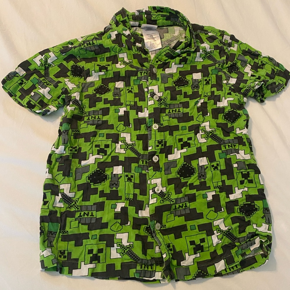 Minecraft Green Pixelated Kids Button Down Shirt